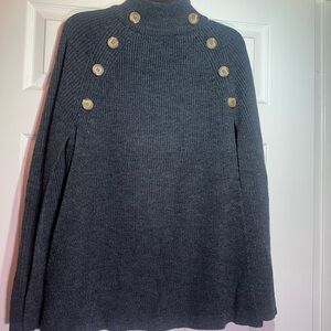 Elegant Gray Button-Detail Turtleneck Poncho